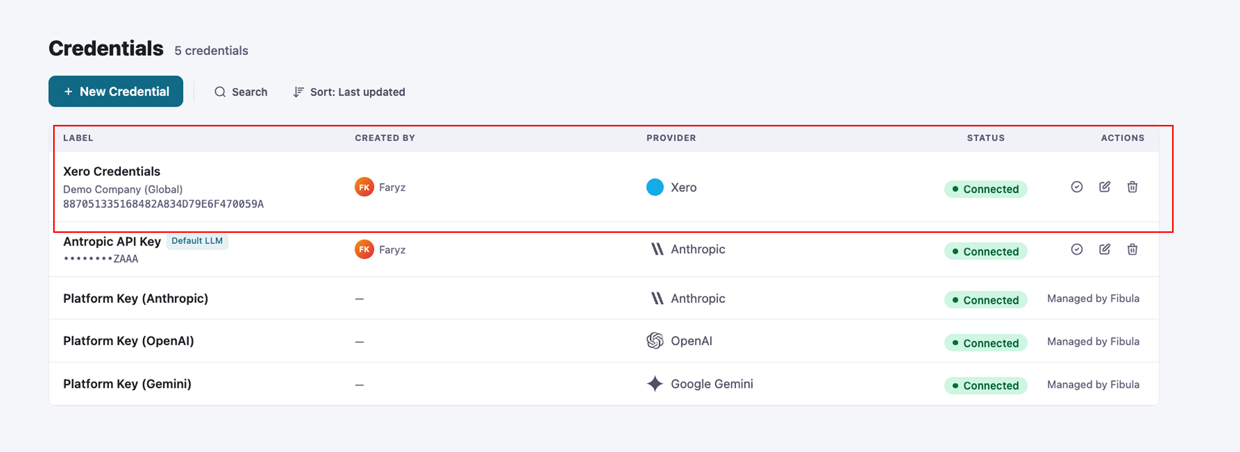 The Fibula Credentials page showing the newly saved Xero credential